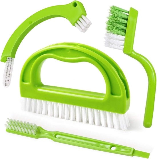 Set di spazzole per pulizia 4 in 1 - Spazzola schiuma - Spazzola per giunti - Spazzola per pavimenti con manico - Spazzola per pulizia difficile - Adatto a tutte le applicazioni domestiche come doccia, bagno, cucina, giunti, linee pavimentali (Verde)