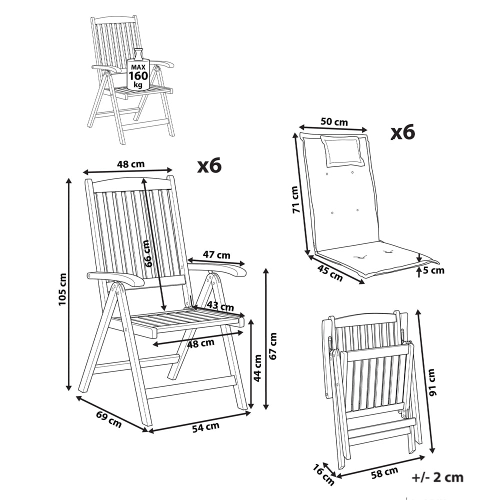 Set di 6 sedie da giardino in legno di acacia chiaro con cuscini bianco sporco pieghevoli resistenti ai raggi UV stile rustico