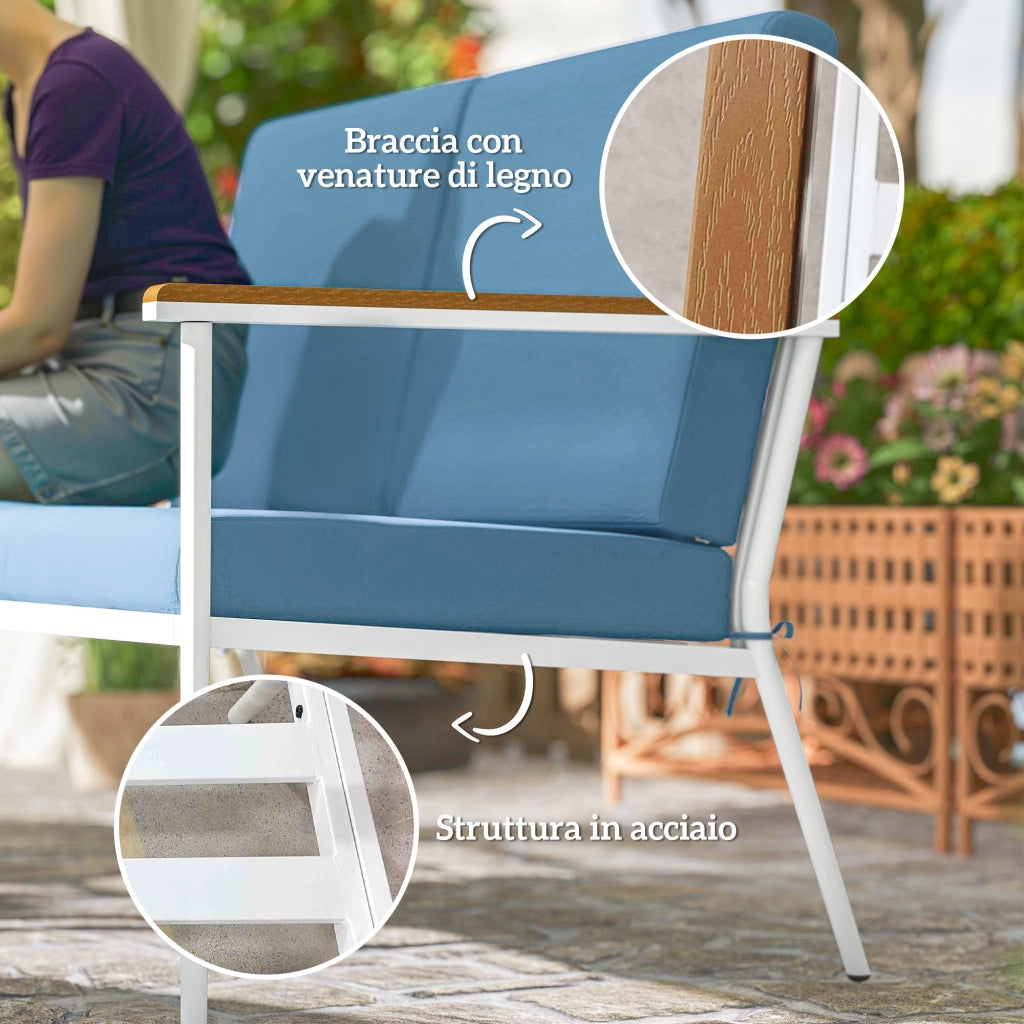 Set  5 Pezzi da Esterno Divano 2 Poltrone e 2 Tavolini in Vetro Azzurro