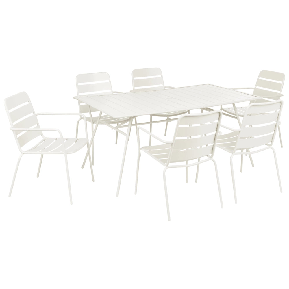Set da pranzo da giardino per 6 persone con tavolo in ferro con foro centrale e sedie zincate e verniciate a polvere, colore beige