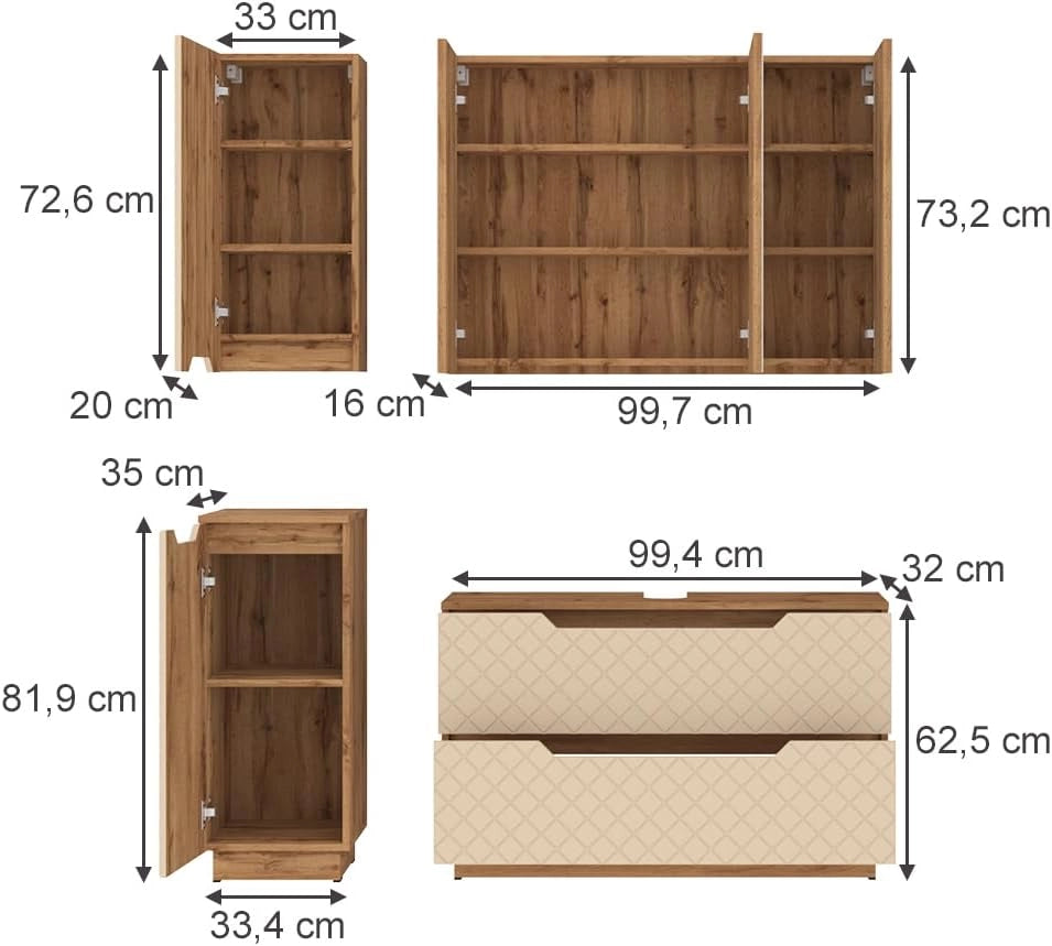 Set di mobili da bagno Lotta, Cachemire, 99.4 cm, composto da mobile sottolavabo, specchiera, armadio medio e pensile