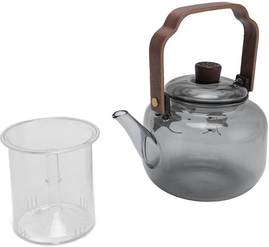 Teiera 900ml con vetro borosilicato alto - Infusore rimovibile - Maniglia in legno - Resistentente a shock - Resistentente al calore - Bocchetta aerodinamica - Termometro per tè