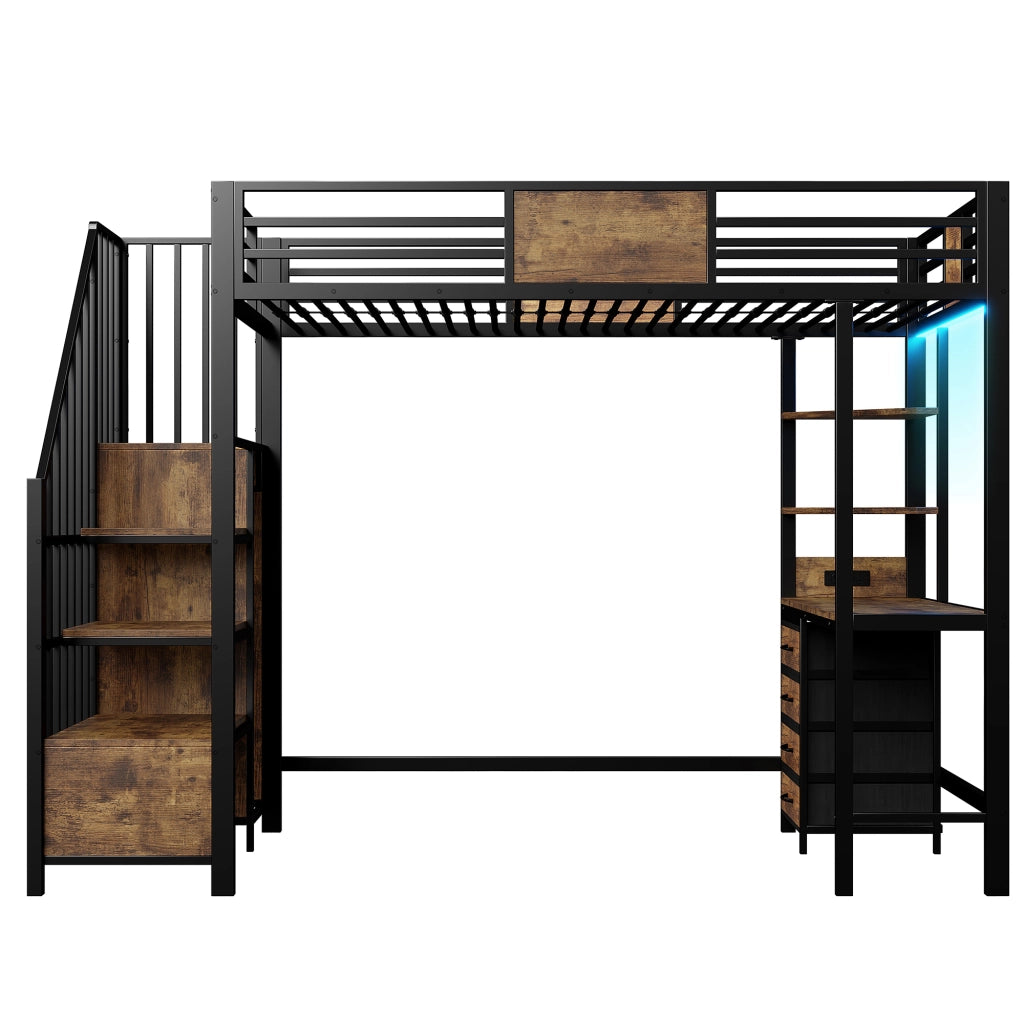 LETTO A SOPPALCO 90x200 cm Nero in Metallo con scrivania, LED e presa
