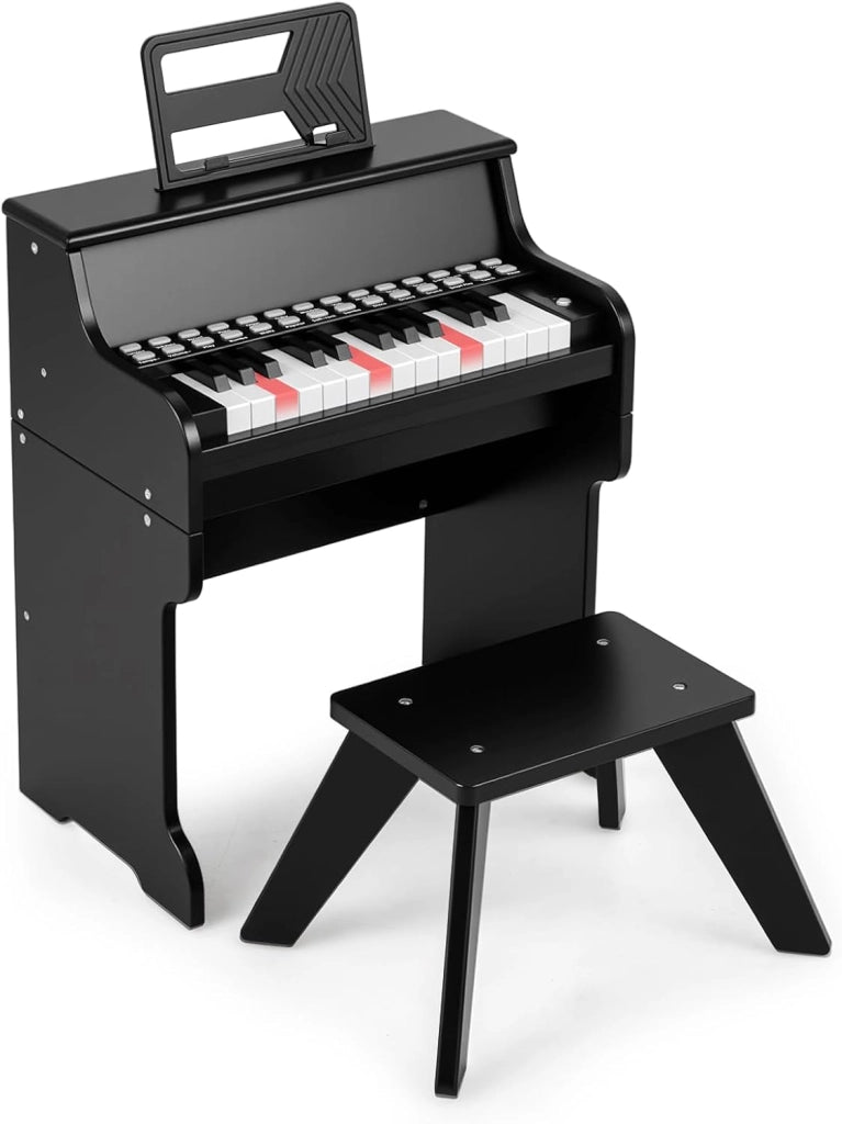 Pianoforte Digitale Bambini a 25 Tasti con Luci, Pianola Elettrica con 6 Toni, 15 Demo e 8 Percussioni, Set Tastiera Musicale con Sgabello e Leggio Rimovibile, per Bambini 3+ Anni (Rosa)
