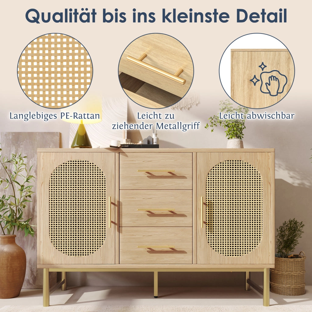Credenza con 2 Ante in Effetto Rattan e 3 Cassetti; Ripiano Regolabile; 120??40??74 cm; Rovere Sonoma