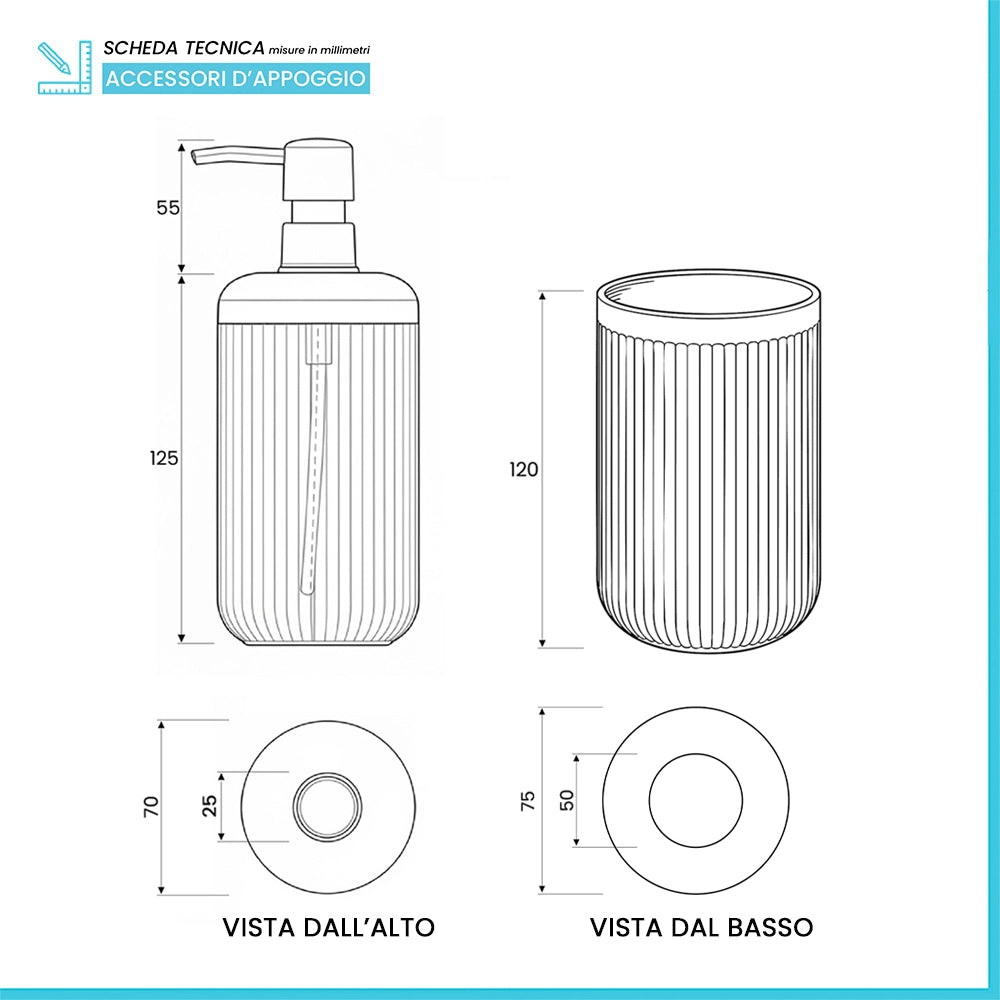 Set accessori bagno 2 pz con dispenser e portaspazzolino grigio cannettato Arizona