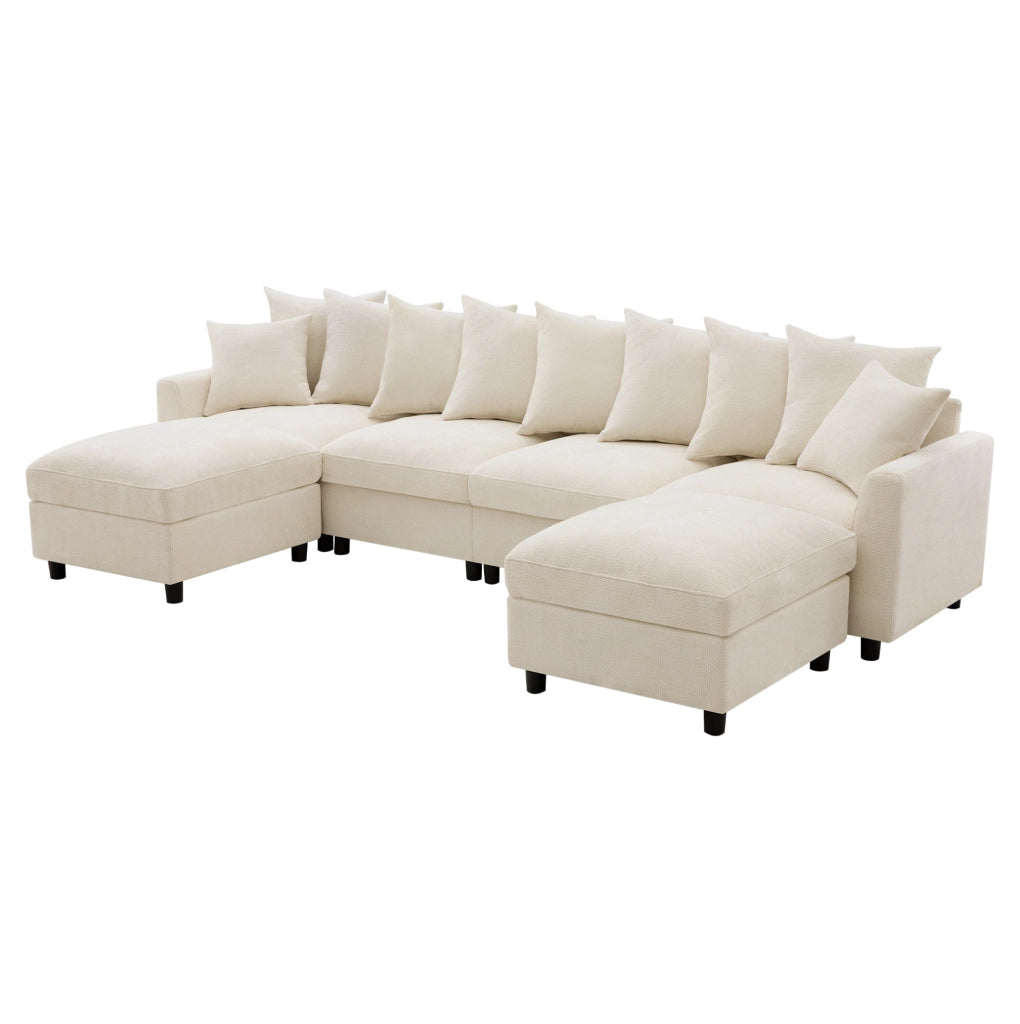 Sofa modulare angolare 6 posti in tessuto chenille beige con USB e Type-C; 283 cm