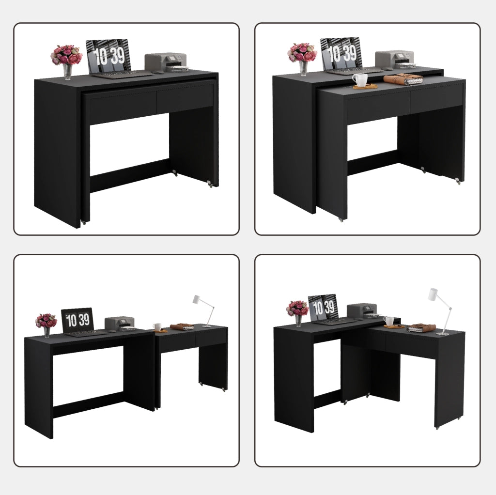 Scrivania pieghevole 2 in 1 nera con ruote e 2 cassetti