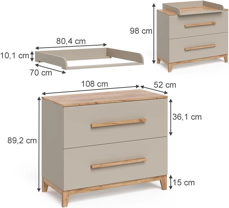 Fasciatoio Malia, Cashmere/Artigianale, 108 x 98 cm con 2 cassetti, con fasciatoio rimovibile per l'utilizzo come cassettiera