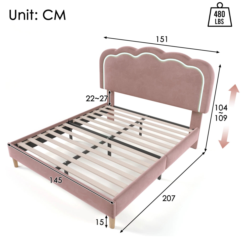 Letto 140 x 200 cm con LED e testiera regolabile in velluto rosa