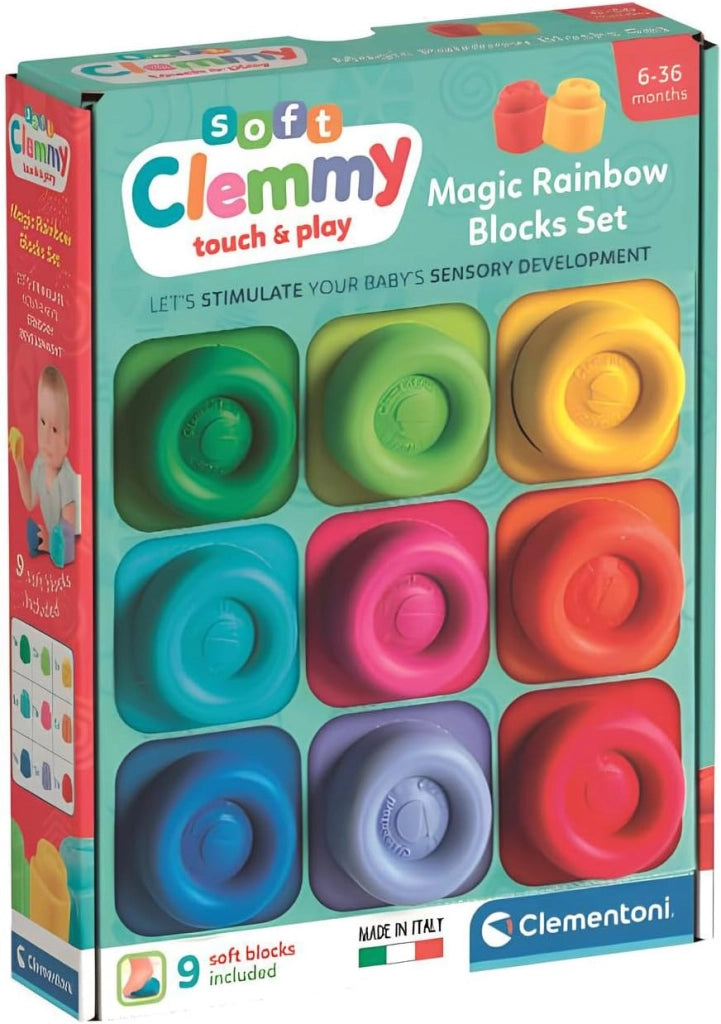 Soft Clemmy - Magic Rainbow Blocks Set, 9 Mattoncini Morbidi per Bambini 6+ Mesi, Gioco Prima Infanzia Made in Italy, La