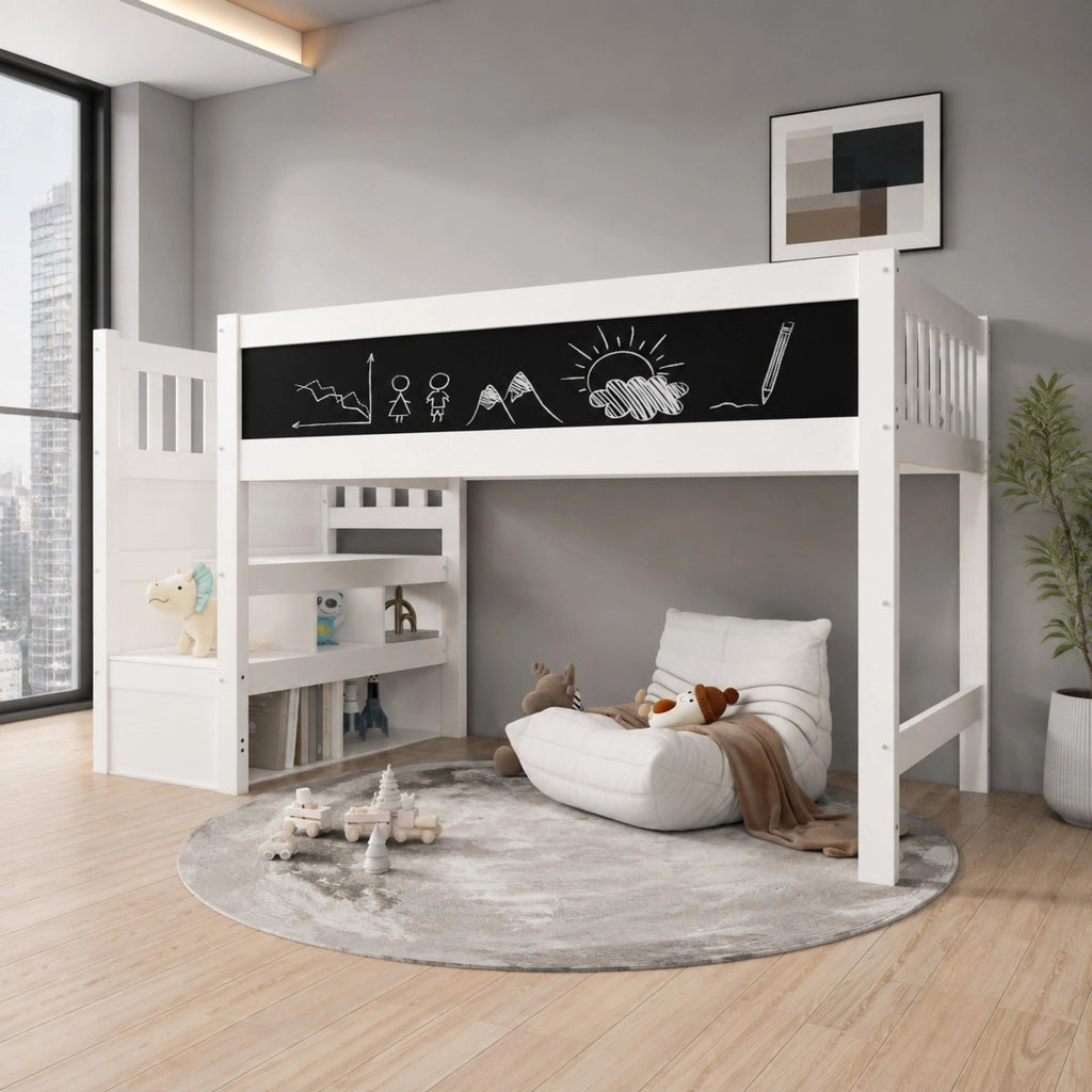 Letto a soppalco per bambini 90 x 200 cm con scala contenitore, lavagna e sponde di sicurezza, bianco