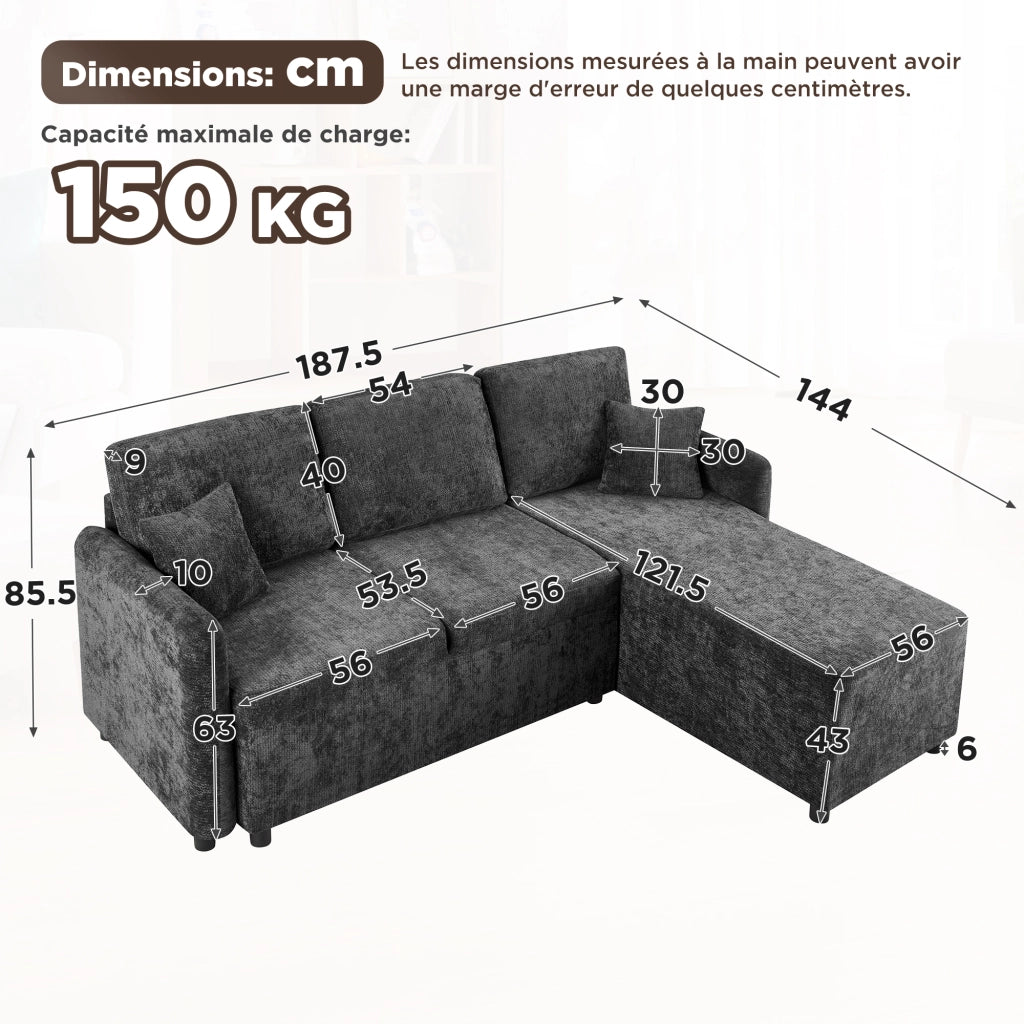 Divano angolare 3 posti - con area relax a L e 2 cuscini - in chenille nera