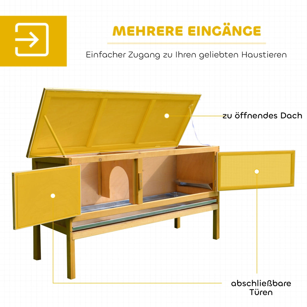 Casetta per conigli in legno con tetto apribile, 2 porte, vasca antigoccia, 115x44,3x65 cm ¨C zephmum ¨C Giallo chiaro