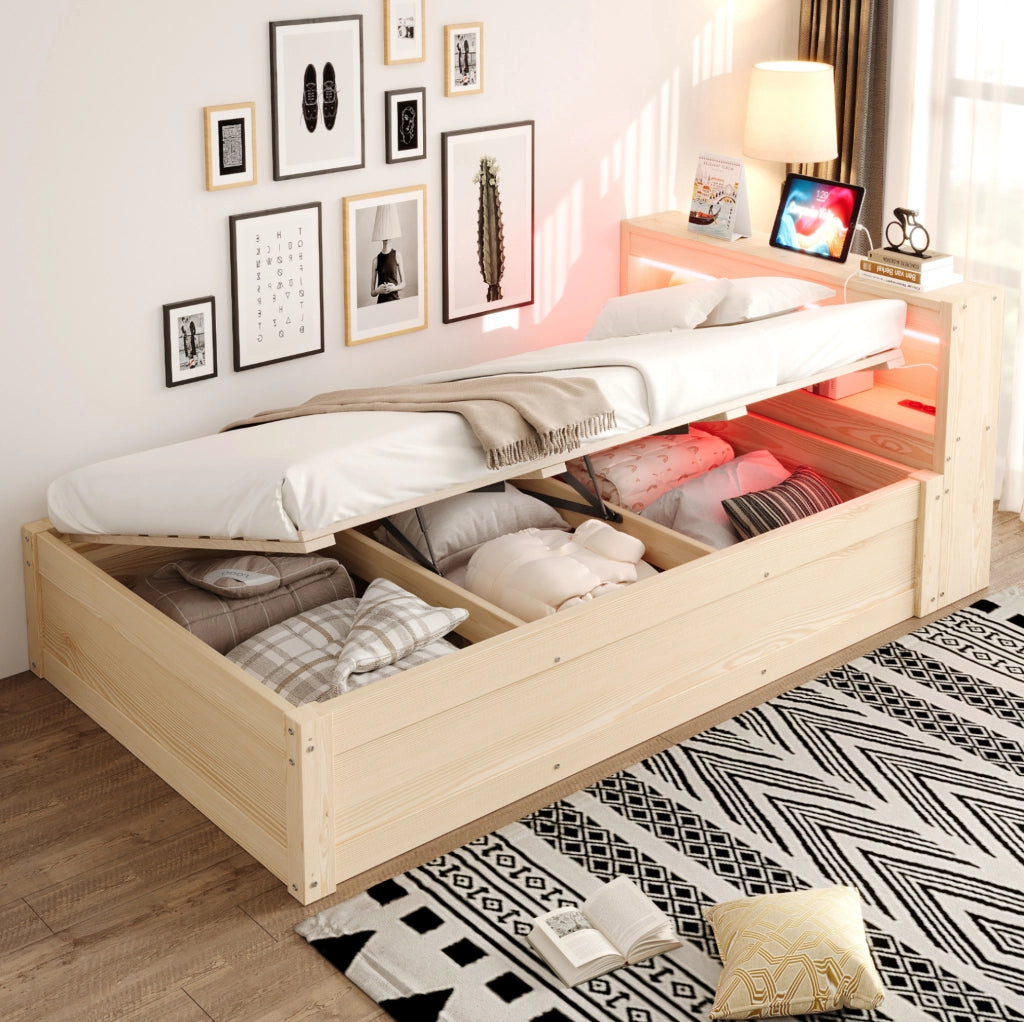 Letto 90x200 cm con contenitore idraulico; presa integrata e LED