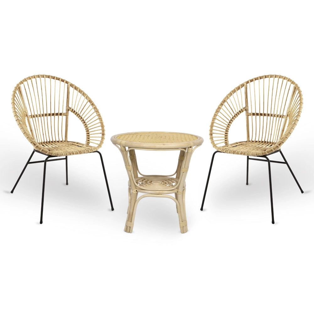 Set di 2 sedie Fera in legno di bambu con gambe in ferro e 1 tavolino in bambu