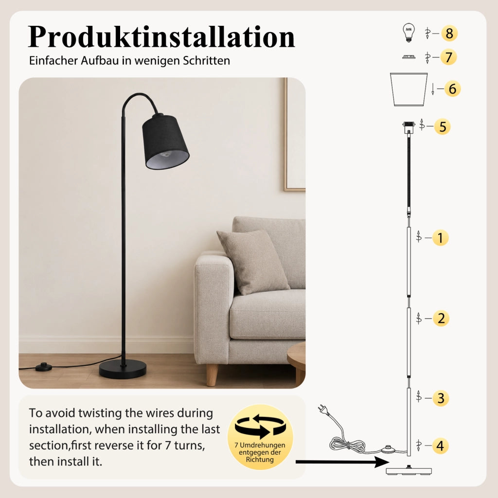 ZMH Lampada da Terra 160cm Paralume Nero Orientabile 360¡ã Interruttore a Pedale E27 Moderna per Camera Letto