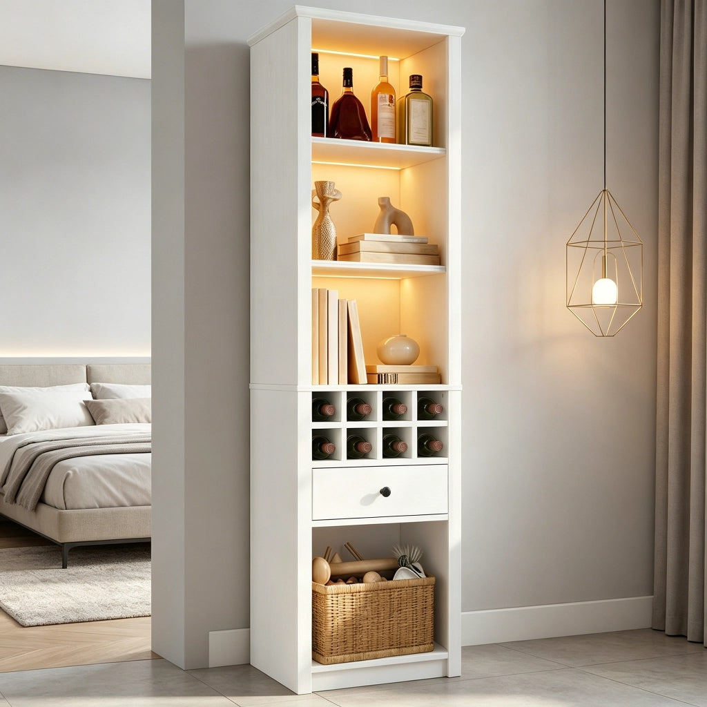 Vetrina con 1 cassetto e 12 vani con LED; per soggiorno; cucina e studio; in MDF bianco; 55×40×200 cm