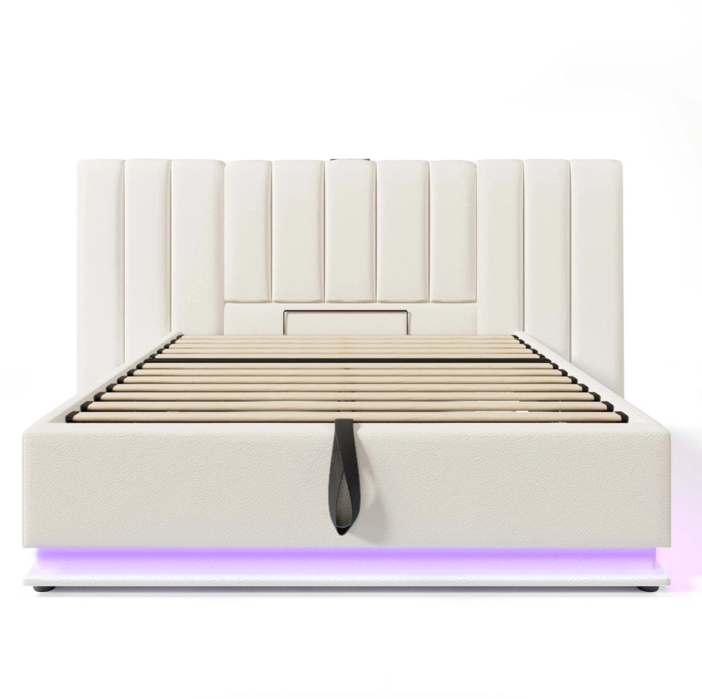 Letto matrimoniale imbottito 160x200 cm con contenitore; LED 360掳; USB e Type-C; bianco