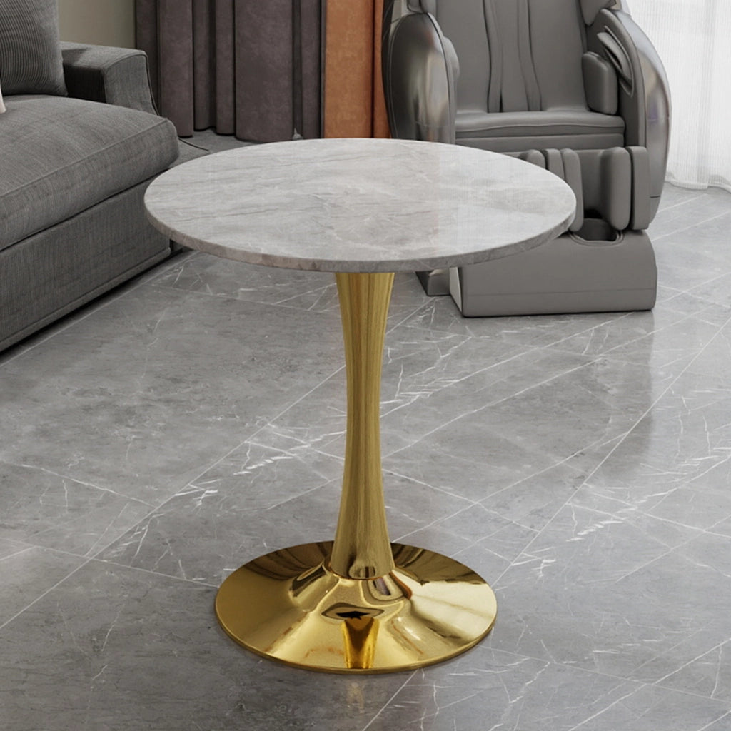 Tavolo da pranzo - rotondo 70 cm - stile mid-century - marmo grigio chiaro - per 2-4 persone - dorato