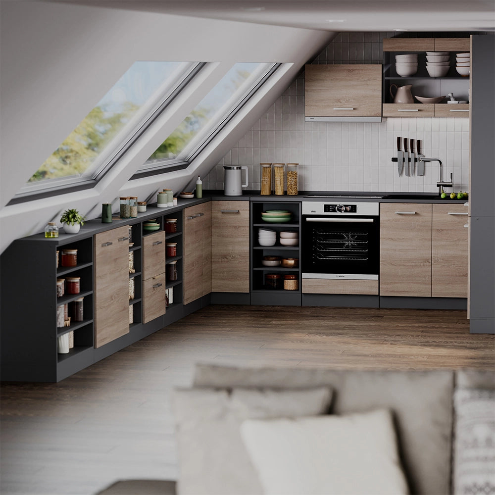 Mobile cucina sottotetto R-Line Sonoma/Antracite 80 cm con 2 porte, carcassa 60 cm profondità Vicco