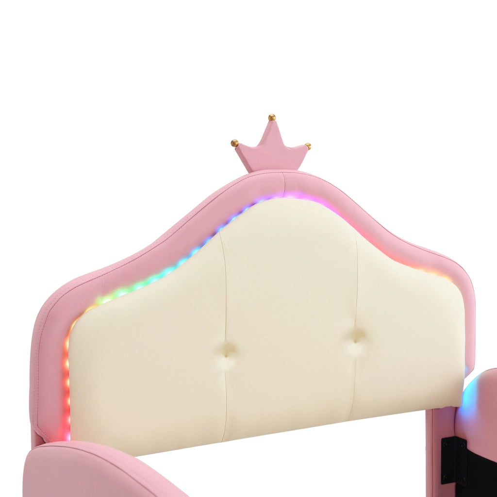 Letto imbottito 90x200 cm con LED; scivolo e scaletta in PU rosa e beige
