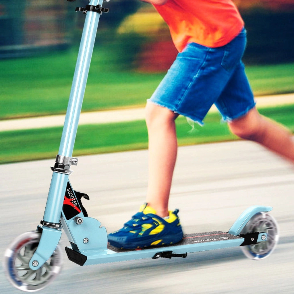 Monopattino a 2 ruote lampeggianti per bambini con musica altezza regolabile, Monopattino in alluminio Azzuro-Monopattini