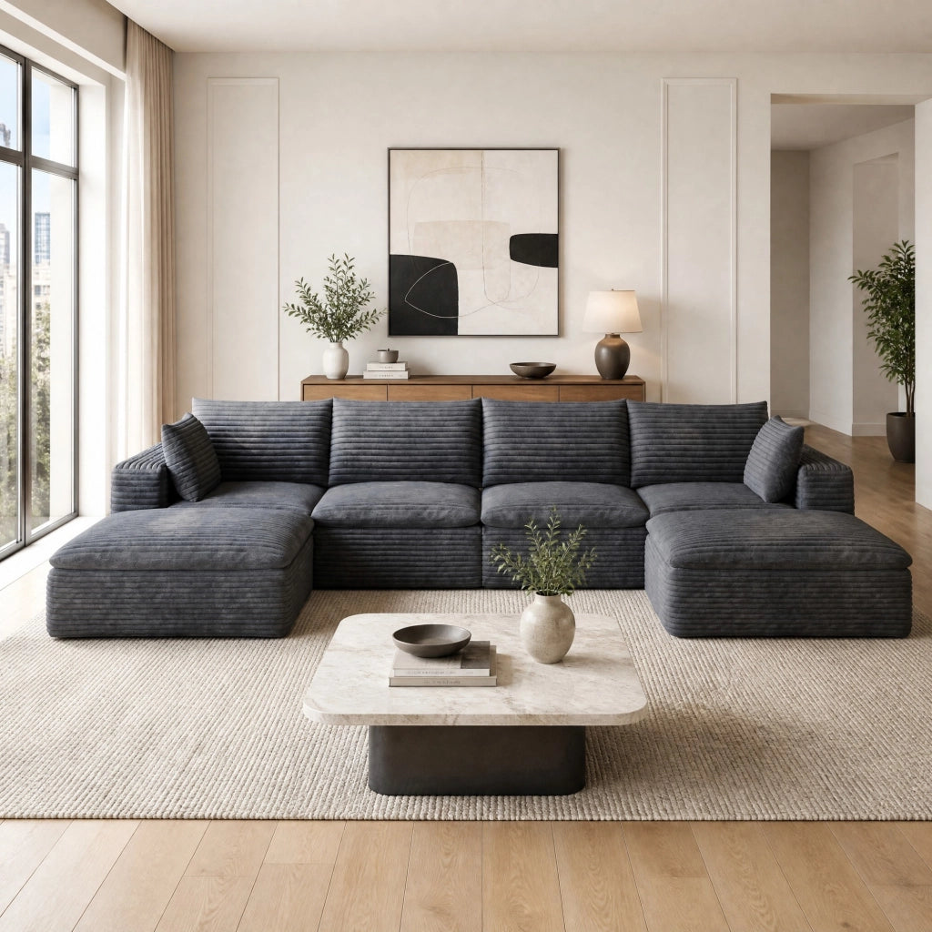 Divano modulare in tessuto grigio scuro con imbottitura in schiuma e design componibile