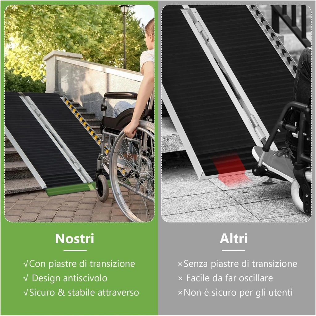 Set di 2 Rampa per Sedie a Rotelle in Alluminio, Rampa Telescopica Pieghevole con Superficie Antiscivolo, Capacità di Carico di 272 kg, per Soglie, Gradini, Scale (91 x 74cm)
