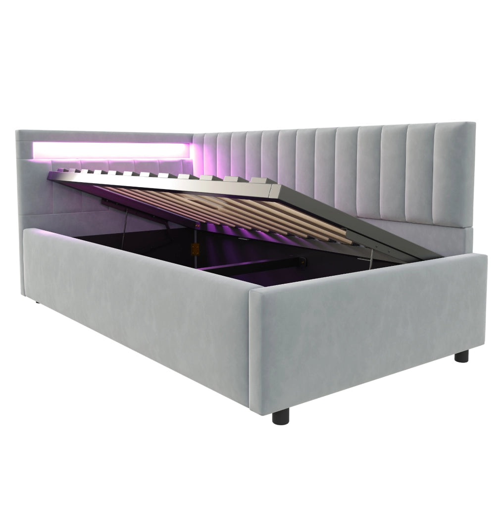 Letto singolo imbottito 90x200 cm in velluto grigio con LED e vano idraulico