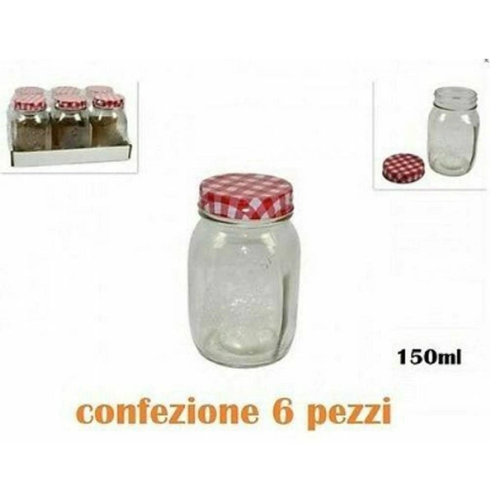 Trade Shop - Set 6 Pezzi Barattolo Vetro Contenitore Con Tappo Colorato Tovaglia 150ml -