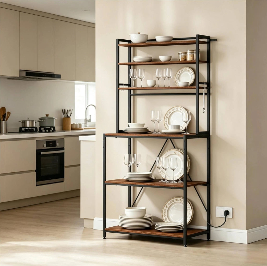 Scaffale da cucina con prese 6 ripiani aperti 6 ganci marrone rustico metallo e legno