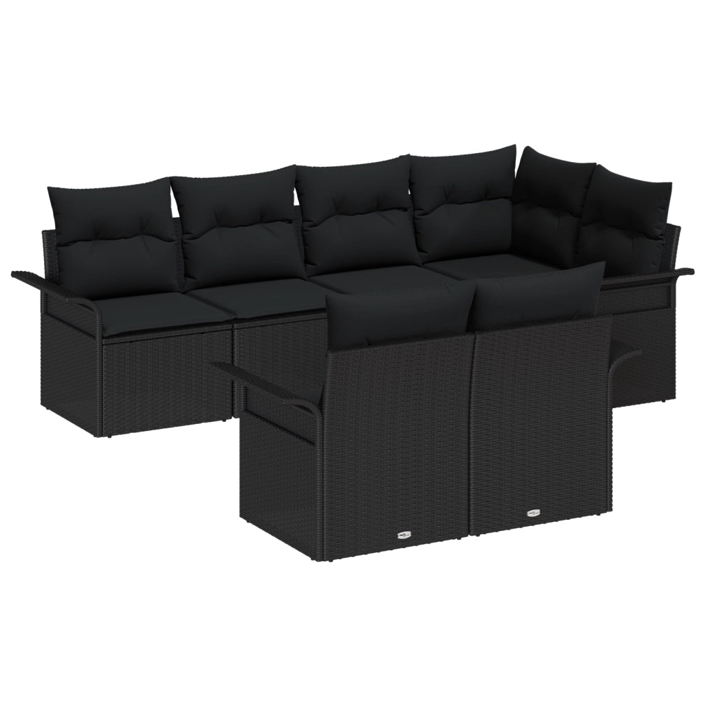 Set Divano da Giardino 7 Pezzi con Cuscini Nero Polyrattan