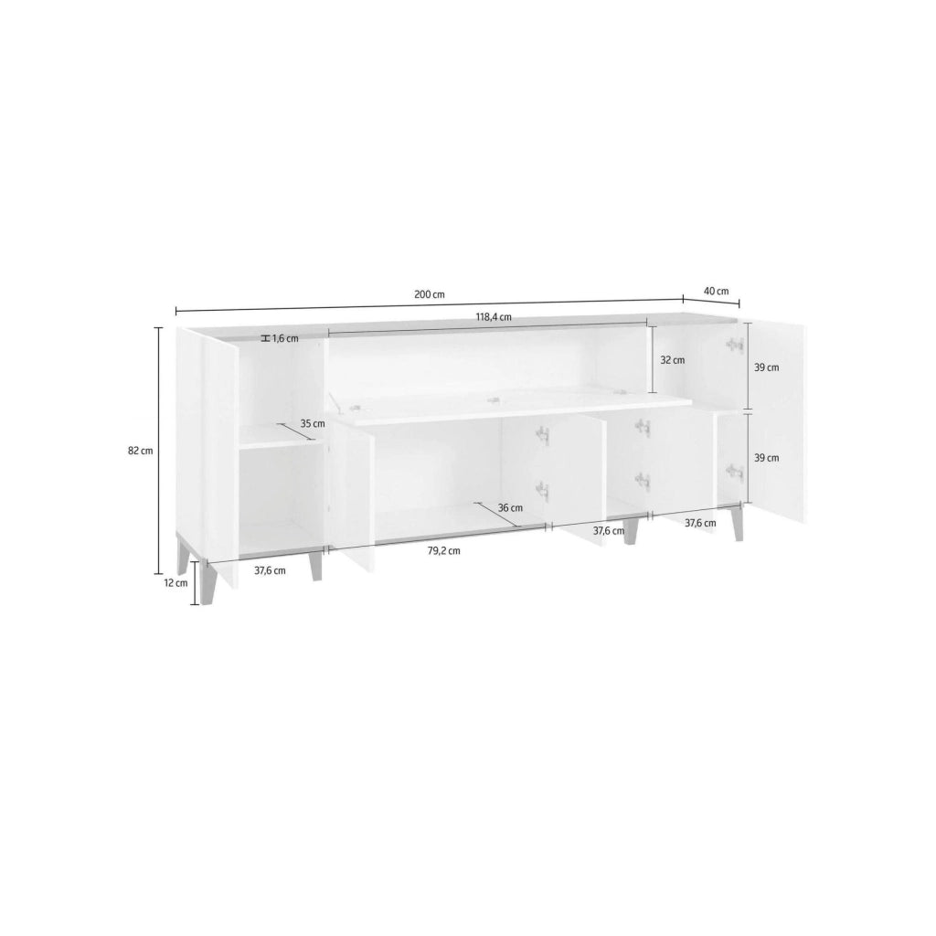 Credenza moderna a 6 Amour, Made in Italy, Madia da cucina rialzata, Buffet di design da soggiorno, Cm 200x40h82, Bianco lucido e Ardesia