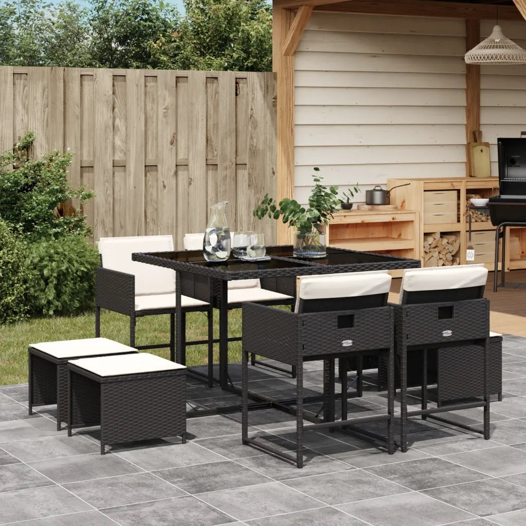 Set da Pranzo da Giardino 9 pz | Set Salotto da Giardino con Cuscini Nero in Polyrattan