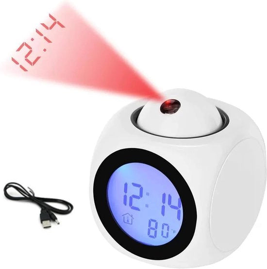 Alarme digitale con proiezione del tempo sul soffitto, con annuncio vocale e visualizzazione della temperatura, con LED e altoparlante, alimentato da batterie, con funzione di timer, adatto a bambini e adulti, compatta e portatile, bianca.