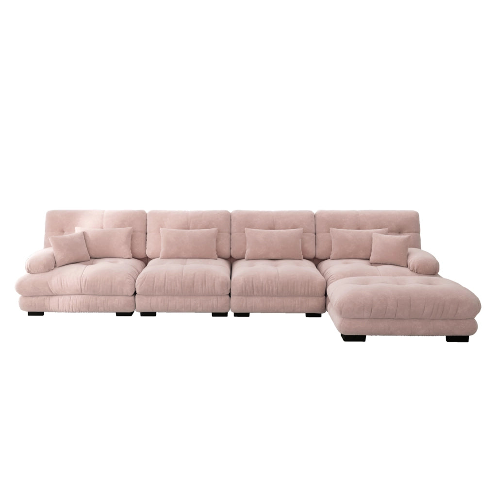 Divano modulare con ottomane mobili in ciniglia rosa