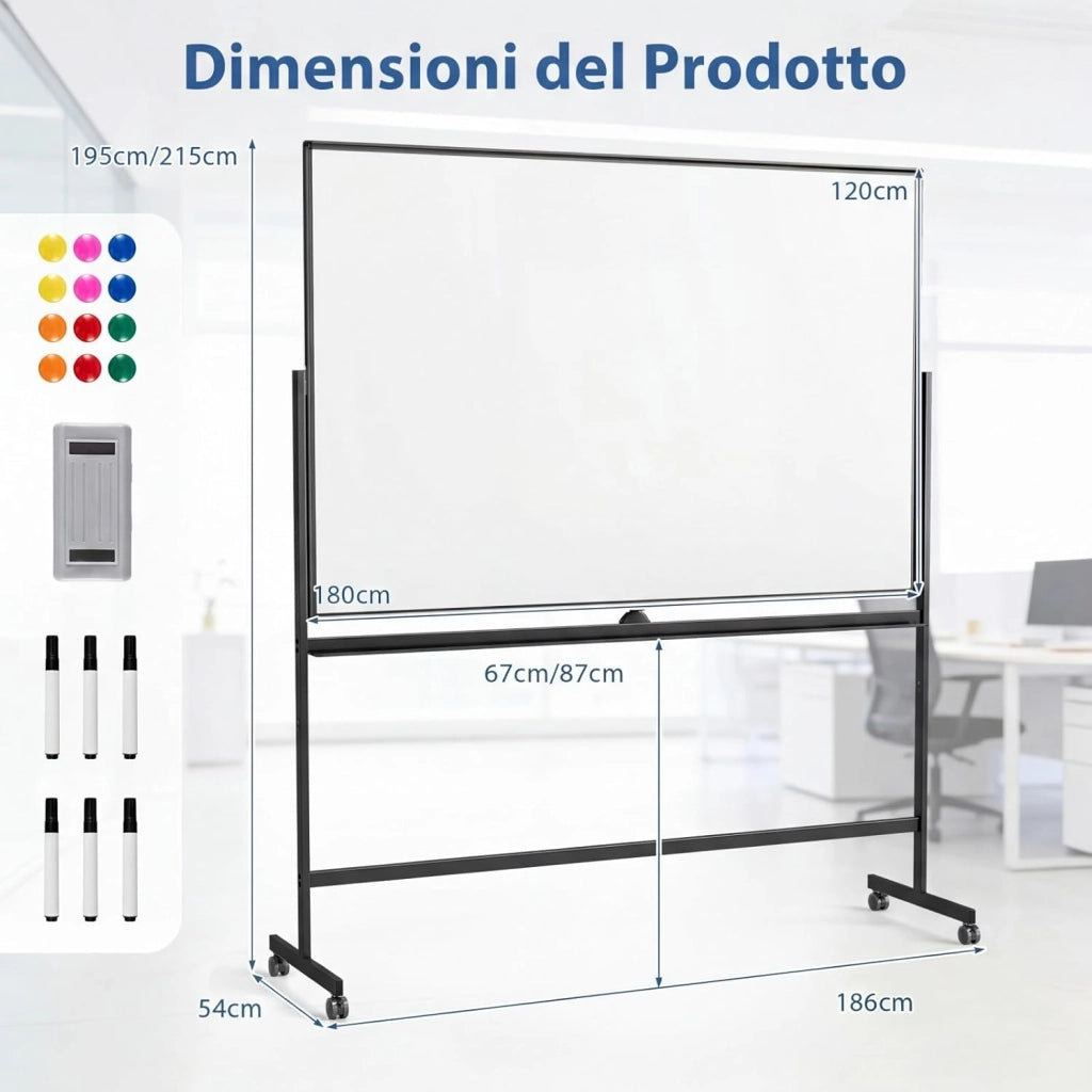 Lavagna Bianca Mobile, Lavagna Magnetica Cancellabile Doppia Faccia con Cavalletto, 2 Altezze Regolabili e Ruote Bloccabili (186 x 54 x 195/215 cm,Nero)