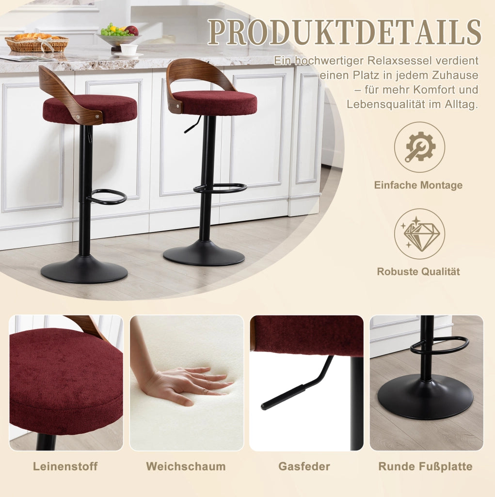 Set 2 sgabelli bar girevoli 360° regolabili in altezza; lino bordeaux; con schienale effetto noce