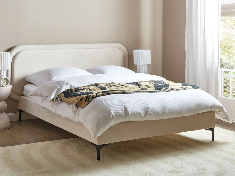 Letto matrimoniale EU Beige Chiaro Velvet 180 x 200 cm Imbottito Telaio Poggiatesta