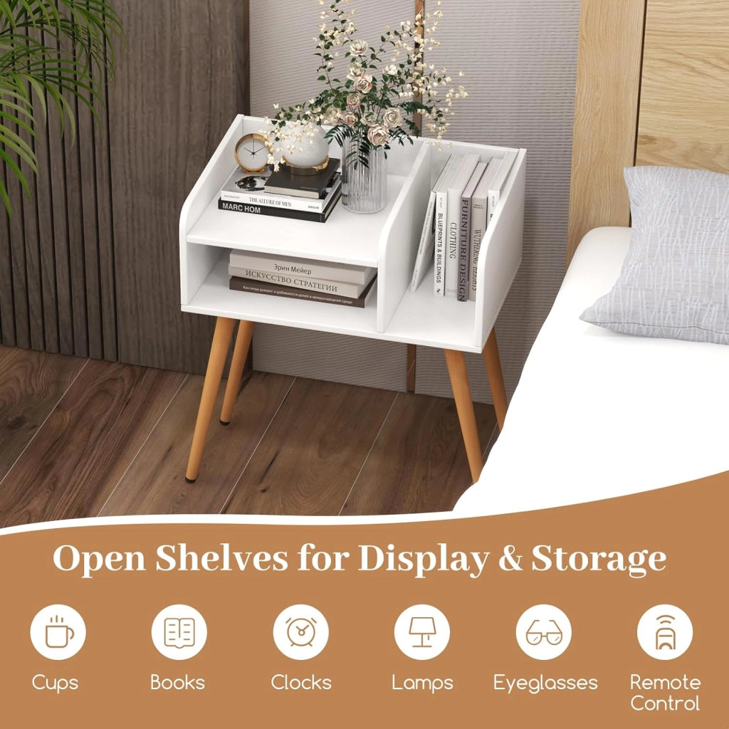 Comodino, comodino con 3 scomparti aperti, tavolino in legno con 4 gambe di supporto in metallo, comodino per soggiorno, camera da letto, 50 x 32 x 58 cm (bianco + naturale)