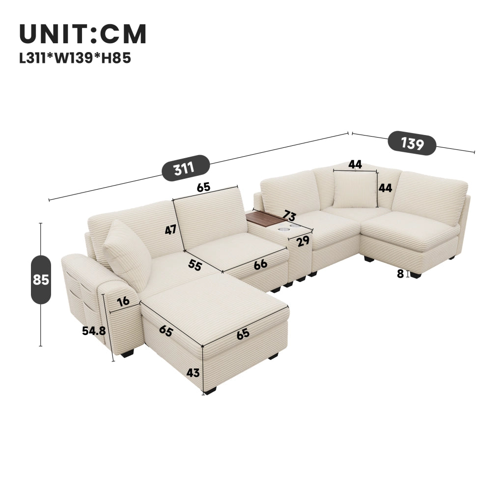 DIVANO Angolare Modulare 6 Posti 311 x 139 x 85 cm Corduroy Beige con ottomana