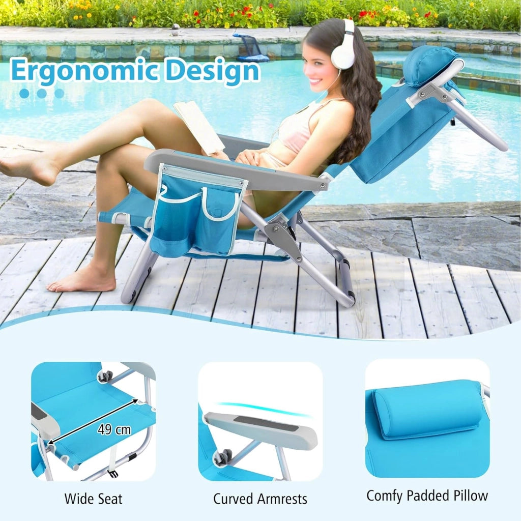 Sedia da Spiaggia Pieghevole, Spiaggina con Schienale Regolabile in 5 Posizioni, Sdraio Mare con Poggiatesta, Lettino Prendisole con Tasca Laterale, Carico 150 kg (Blu*1)