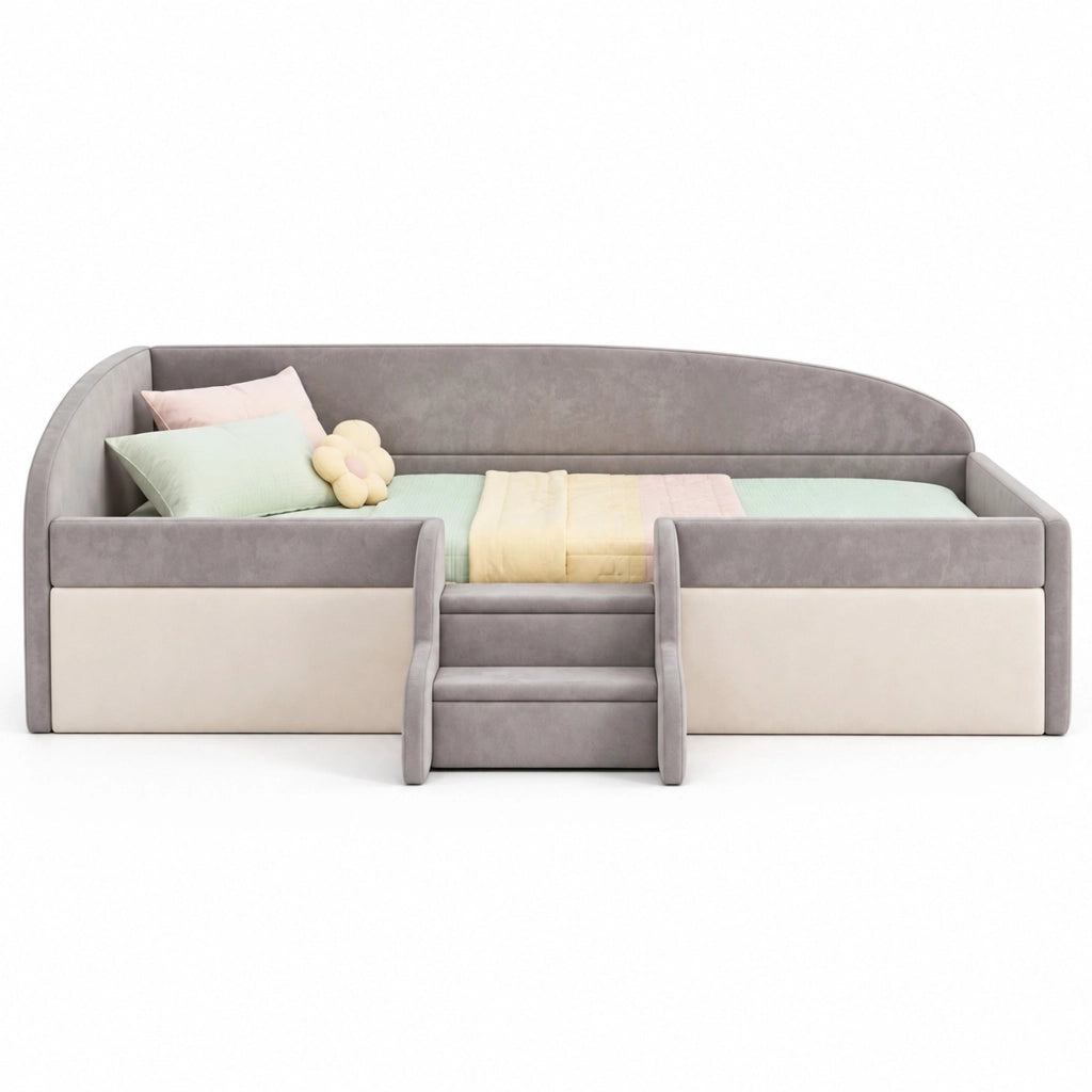 Letto imbottito per bambini 90 x 190 cm con gradini e sponde; velluto grigio