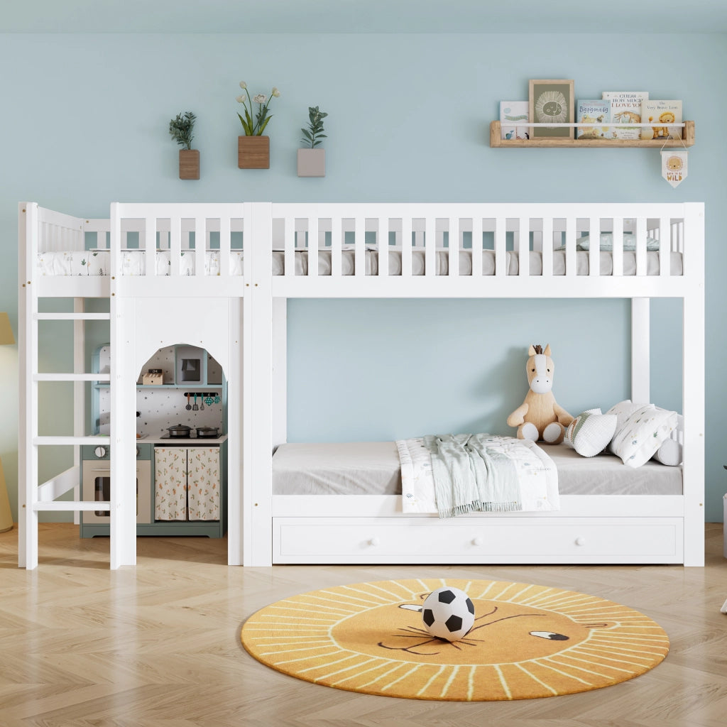 Letto a castello per bambini 90 × 200 cm con scala dritta a 4 gradini, barriere su 4 lati, senza materasso, bianco naturale