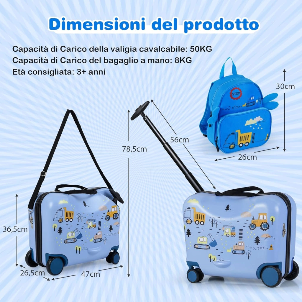Valigia Cavalcabile per Bambini, 18" Valigia+ 12" Zaino,2 Pezzi, Trolley Bambini Bagaglio a Mano con Ruote Girevoli e Maniglia Retrattile, 2 Cingie Multiuso (Modello 9)