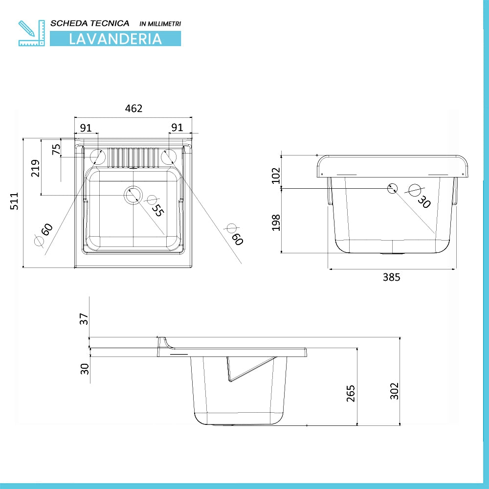 Mobile lavatoio 45 x 50 in legno con asse e kit di scarico incluso Fedra