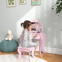 Tavolo da Trucco per Bambini con Sgabello e Specchio Regolabile Tavolo per Ragazze da 3-6 Anni con Cassetto, Rosa