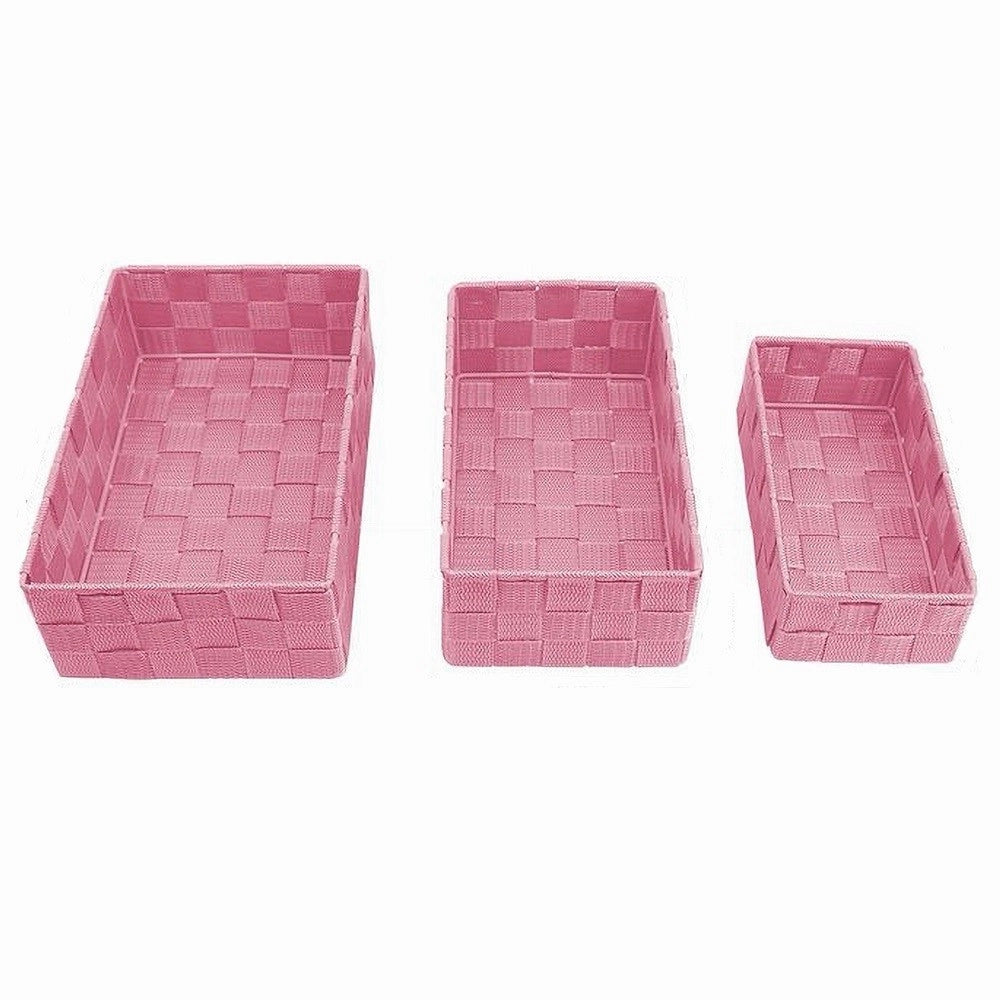 Trade Shop - Set 3 Pezzi Scatola Porta Oggetti In Tessuto Intrecciato Contenitori Rosa 79059 -