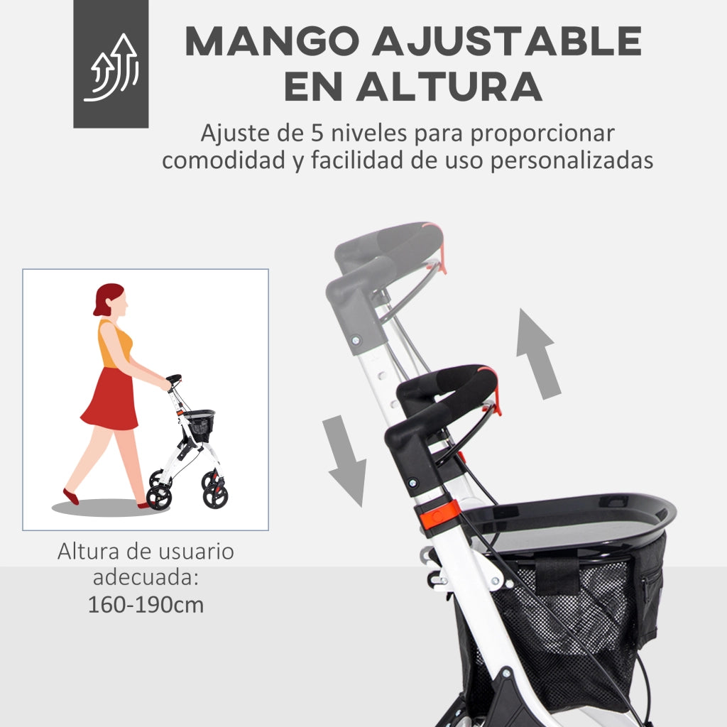 Andatore per Anziani Pieghevole ¨C Zephmum ¨C Bianco in Alluminio con 4 Ruote e Vassoio